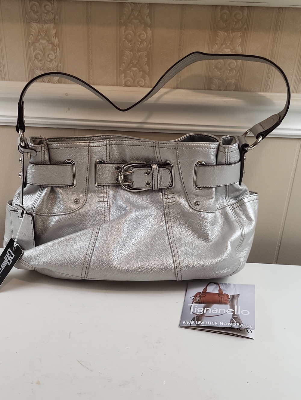 Nwt, Tignanello Silver Leather Shoulder Bag with Buckle Detail